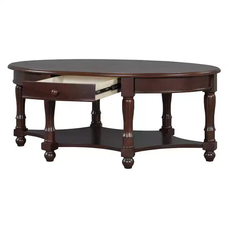 French Vintage Country Oval Coffee Table with Drawer and Lower Storage Shelf for Living Room