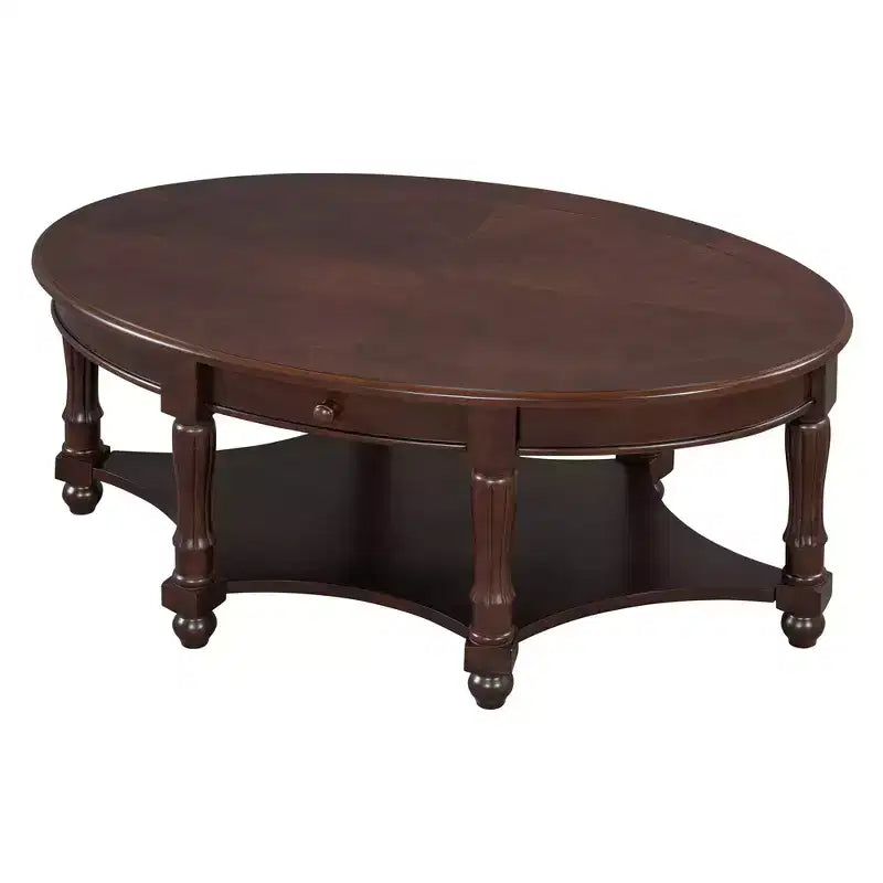 French Vintage Country Oval Coffee Table with Drawer and Lower Storage Shelf for Living Room