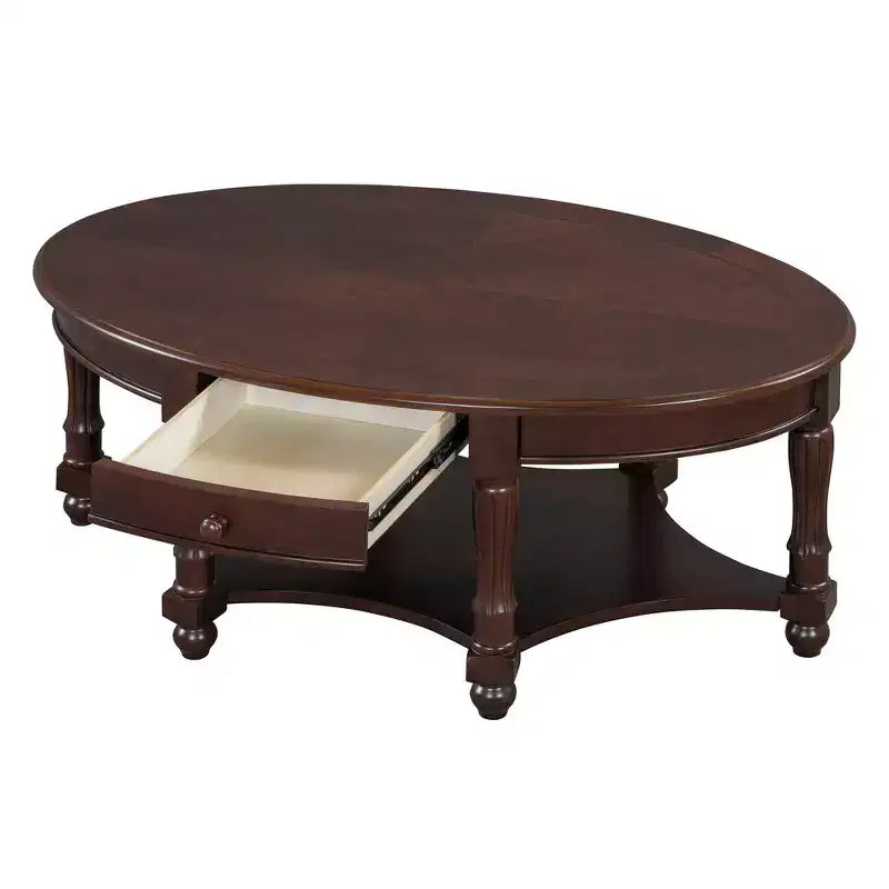 French Vintage Country Oval Coffee Table with Drawer and Lower Storage Shelf for Living Room