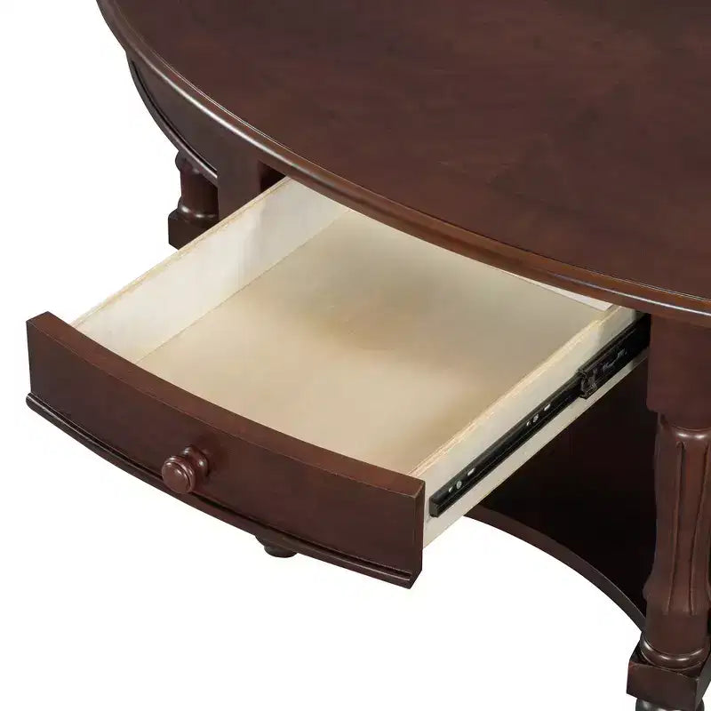 French Vintage Country Oval Coffee Table with Drawer and Lower Storage Shelf for Living Room