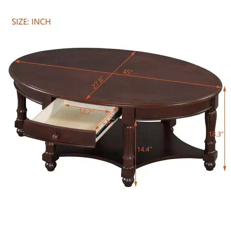 French Vintage Country Oval Coffee Table with Drawer and Lower Storage Shelf for Living Room