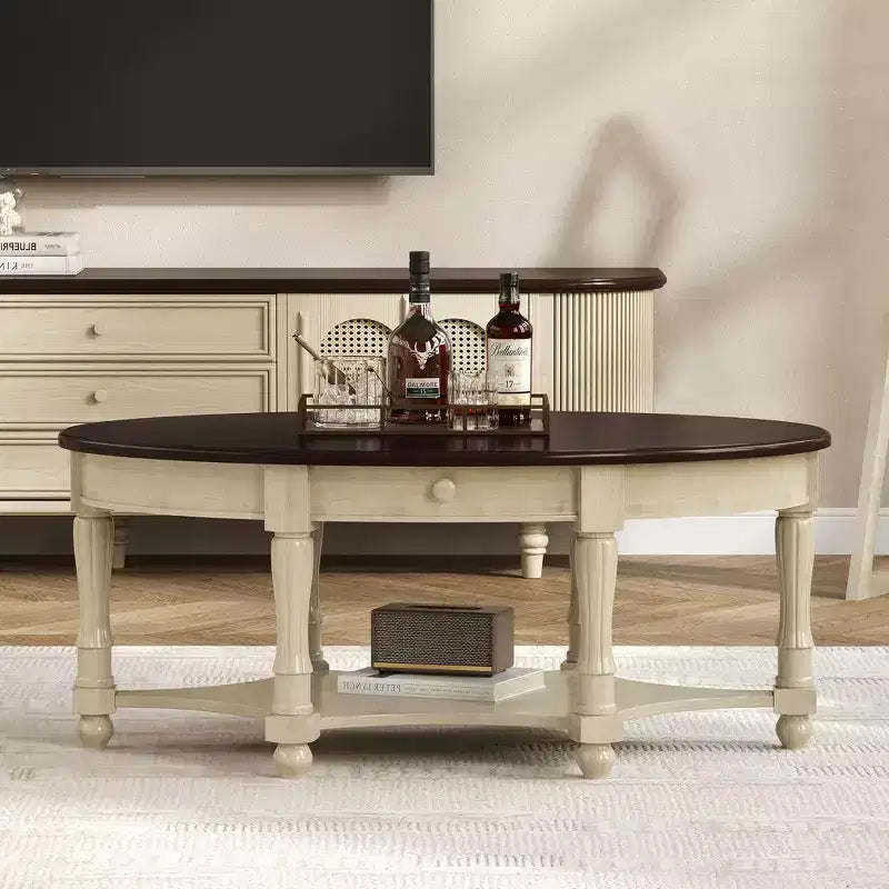 French Vintage Country Oval Coffee Table with Drawer and Lower Storage Shelf for Living Room