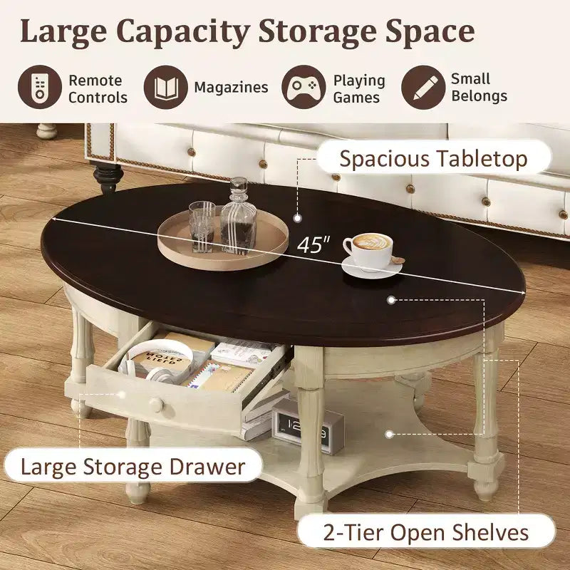 French Vintage Country Oval Coffee Table with Drawer and Lower Storage Shelf for Living Room