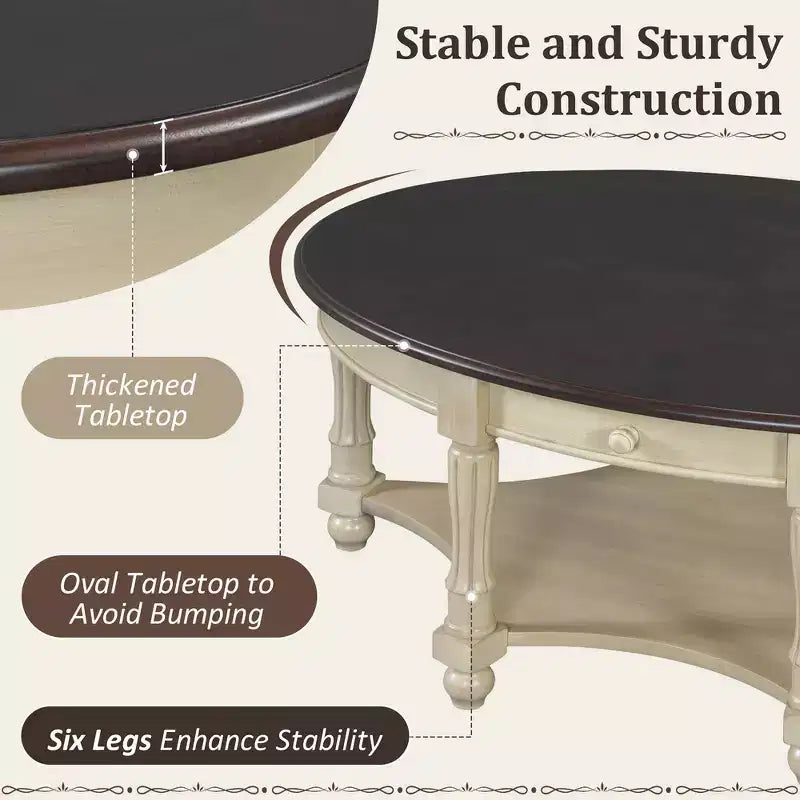 French Vintage Country Oval Coffee Table with Drawer and Lower Storage Shelf for Living Room