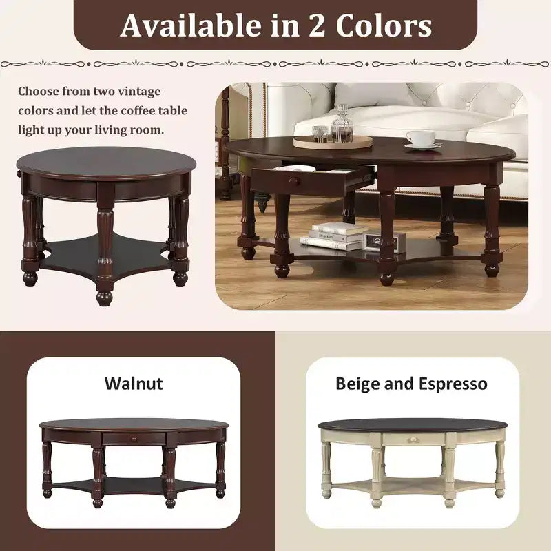 French Vintage Country Oval Coffee Table with Drawer and Lower Storage Shelf for Living Room