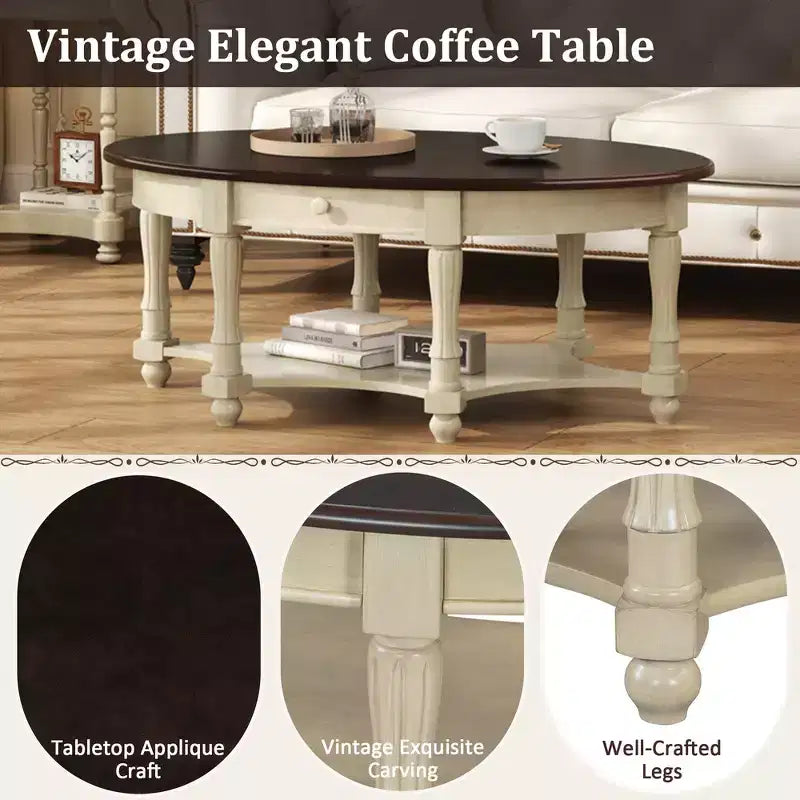 French Vintage Country Oval Coffee Table with Drawer and Lower Storage Shelf for Living Room