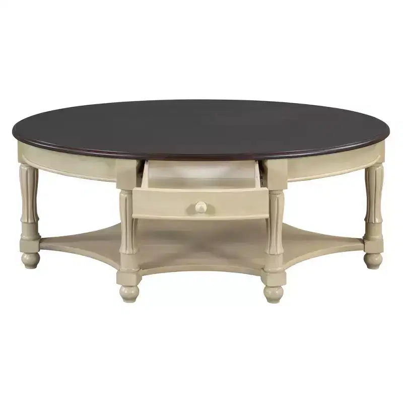 French Vintage Country Oval Coffee Table with Drawer and Lower Storage Shelf for Living Room