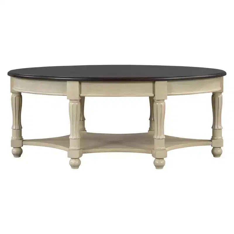 French Vintage Country Oval Coffee Table with Drawer and Lower Storage Shelf for Living Room