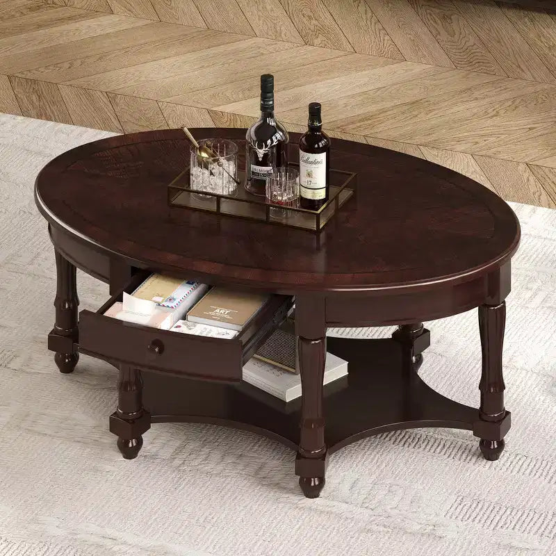 French Vintage Country Oval Coffee Table with Drawer and Lower Storage Shelf for Living Room