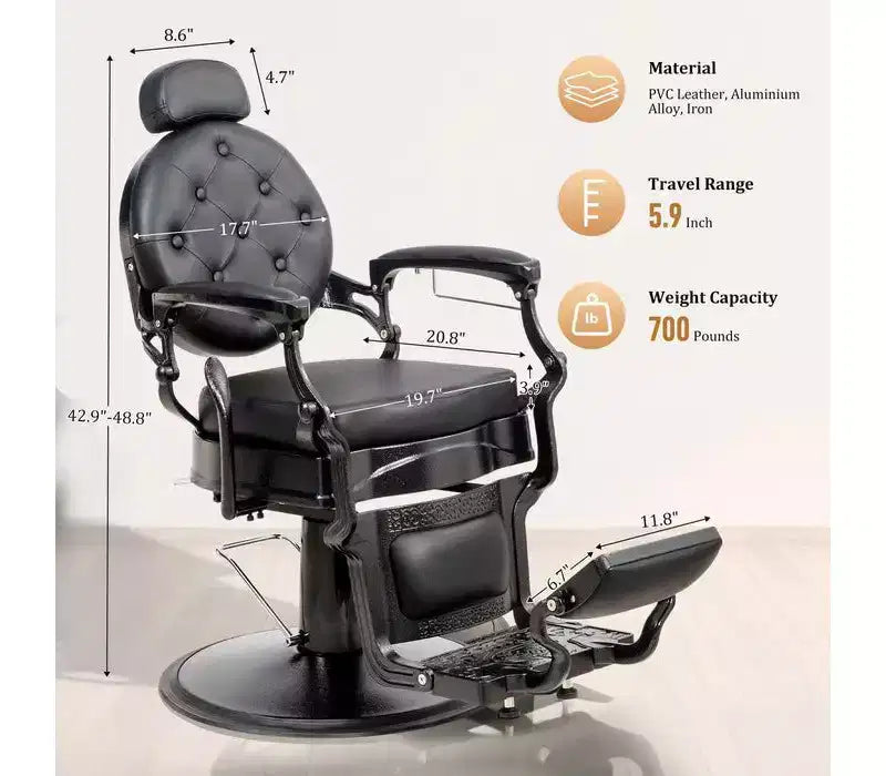Black with Black Frame Retro Heavy Duty Hydraulic Recline Barber Chair