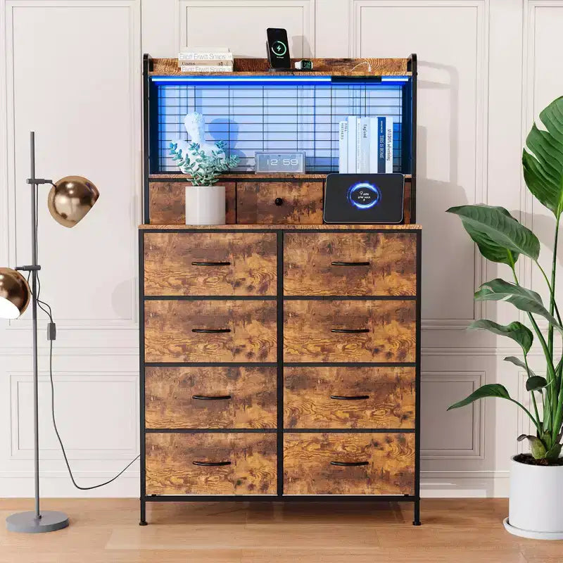 56 H Dressers with 11 Fabric Drawers, Wooden Chest of Drawers with Charging Station, Industrial Storage Organizer for Entryway, Bedroom, Brown