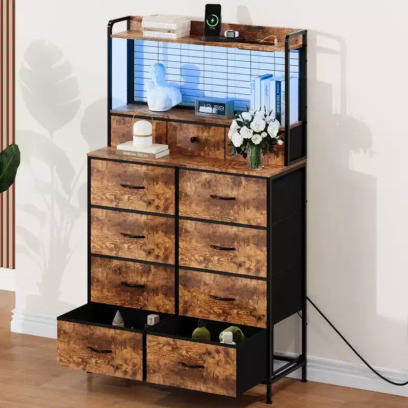 56 H Dressers with 11 Fabric Drawers, Wooden Chest of Drawers with Charging Station, Industrial Storage Organizer for Entryway, Bedroom, Brown