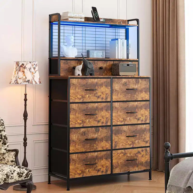 56 H Dressers with 11 Fabric Drawers, Wooden Chest of Drawers with Charging Station, Industrial Storage Organizer for Entryway, Bedroom, Brown