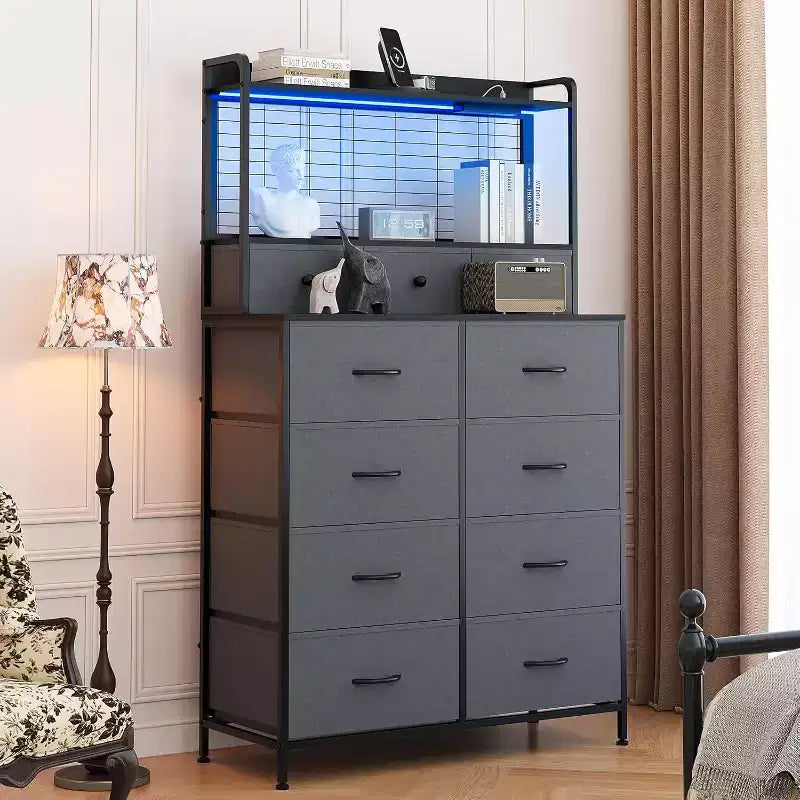 56 H Dressers with 11 Fabric Drawers, Wooden Chest of Drawers with Charging Station, Industrial Storage Organizer for Entryway, Bedroom, Brown