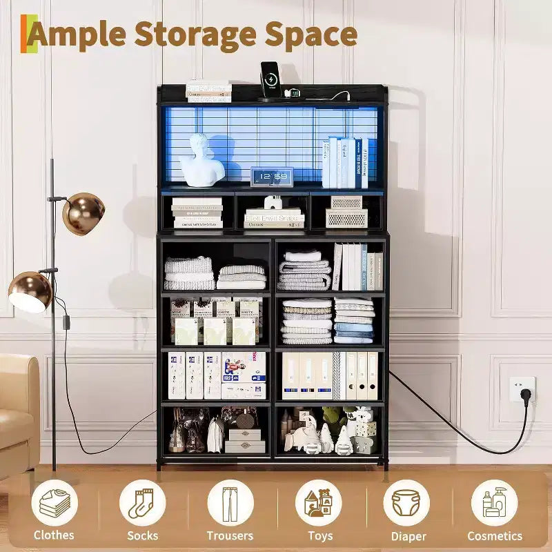 56 H Dressers with 11 Fabric Drawers, Wooden Chest of Drawers with Charging Station, Industrial Storage Organizer for Entryway, Bedroom, Brown