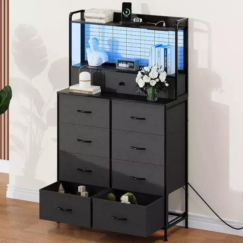 56 H Dressers with 11 Fabric Drawers, Wooden Chest of Drawers with Charging Station, Industrial Storage Organizer for Entryway, Bedroom, Brown