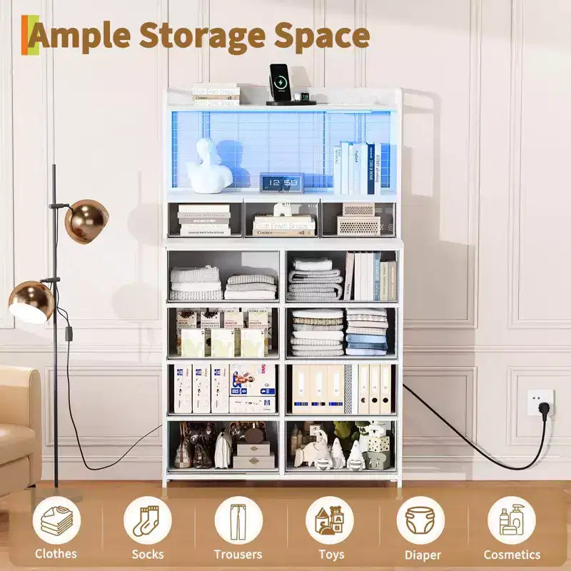 56 H Dressers with 11 Fabric Drawers, Wooden Chest of Drawers with Charging Station, Industrial Storage Organizer for Entryway, Bedroom, Brown