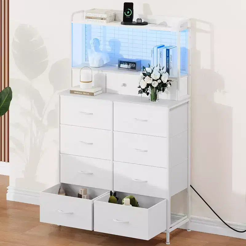 56 H Dressers with 11 Fabric Drawers, Wooden Chest of Drawers with Charging Station, Industrial Storage Organizer for Entryway, Bedroom, Brown