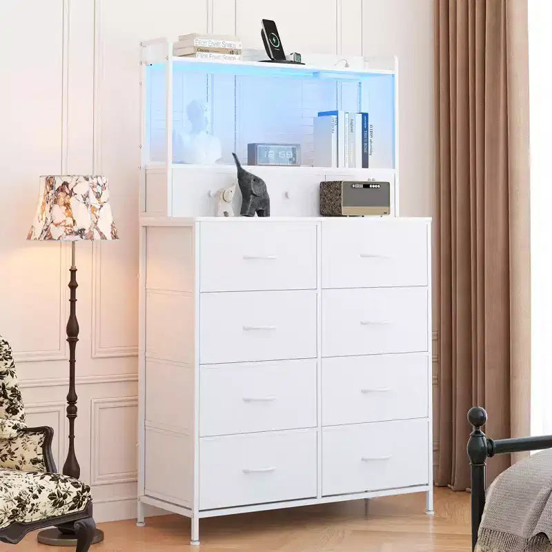 56 H Dressers with 11 Fabric Drawers, Wooden Chest of Drawers with Charging Station, Industrial Storage Organizer for Entryway, Bedroom, Brown