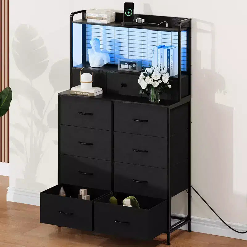 56 H Dressers with 11 Fabric Drawers, Wooden Chest of Drawers with Charging Station, Industrial Storage Organizer for Entryway, Bedroom, Brown