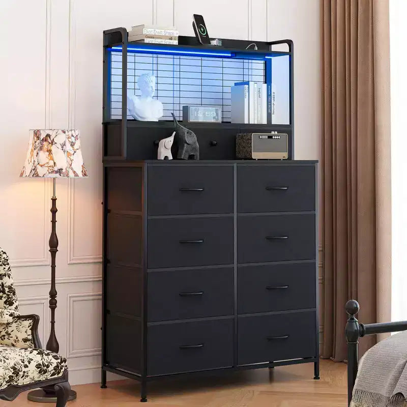 56 H Dressers with 11 Fabric Drawers, Wooden Chest of Drawers with Charging Station, Industrial Storage Organizer for Entryway, Bedroom, Brown