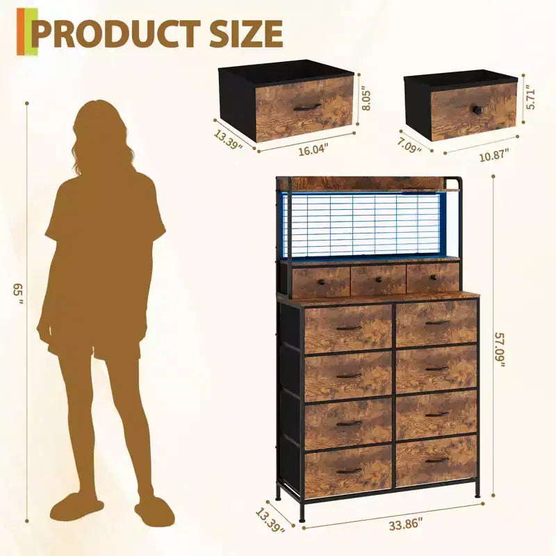 56 H Dressers with 11 Fabric Drawers, Wooden Chest of Drawers with Charging Station, Industrial Storage Organizer for Entryway, Bedroom, Brown