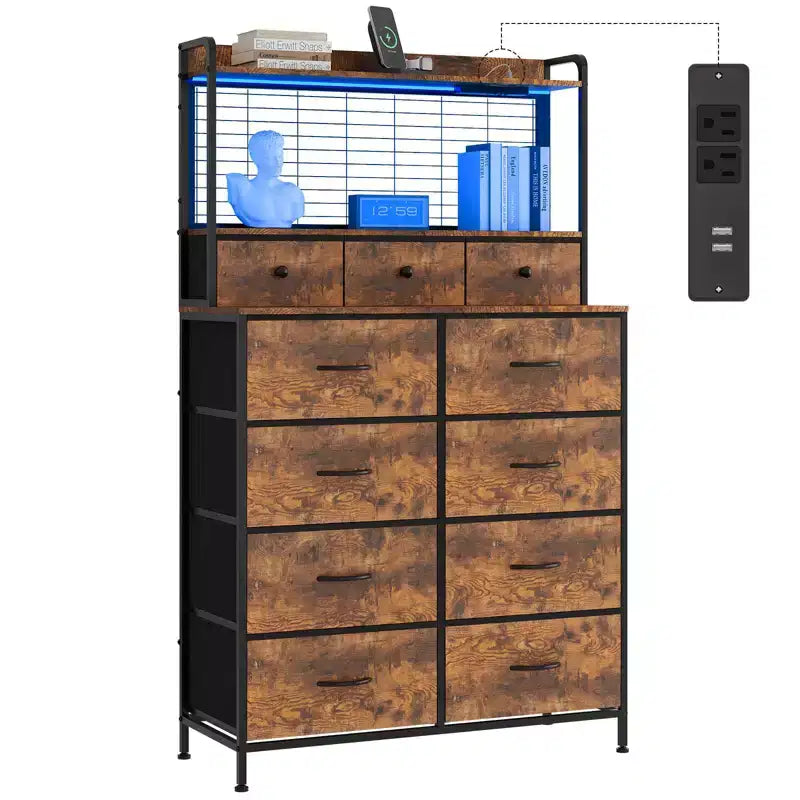 56 H Dressers with 11 Fabric Drawers, Wooden Chest of Drawers with Charging Station, Industrial Storage Organizer for Entryway, Bedroom, Brown