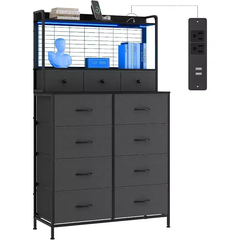56 H Dressers with 11 Fabric Drawers, Wooden Chest of Drawers with Charging Station, Industrial Storage Organizer for Entryway, Bedroom, Brown