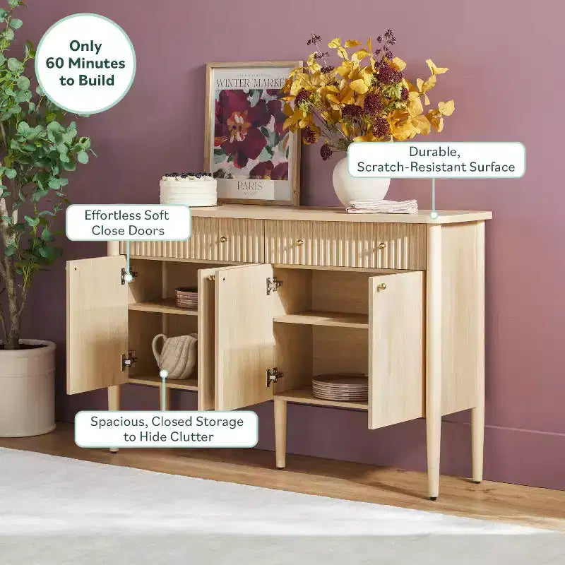 58 Modern Fluted Easy Assembly Wood Buffet Sideboard with Storage
