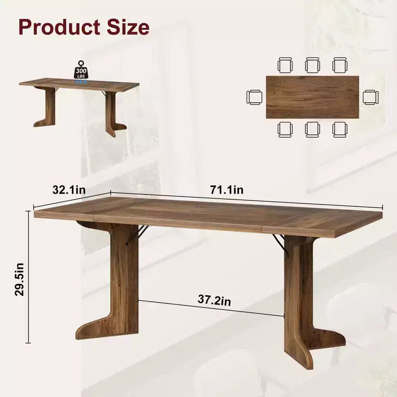 71 In Wood Dining Table for 6-8, Modern Farmhouse Rectangular Kitchen Table with Unique Wooden Legs, Thick Tabletop, Sturdy Frame, for Dining Room