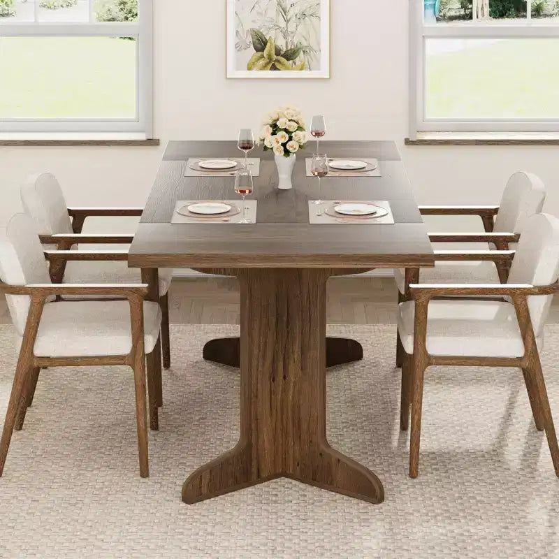 71 In Wood Dining Table for 6-8, Modern Farmhouse Rectangular Kitchen Table with Unique Wooden Legs, Thick Tabletop, Sturdy Frame, for Dining Room