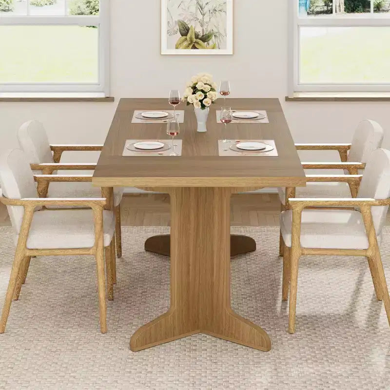 71 In Wood Dining Table for 6-8, Modern Farmhouse Rectangular Kitchen Table with Unique Wooden Legs, Thick Tabletop, Sturdy Frame, for Dining Room