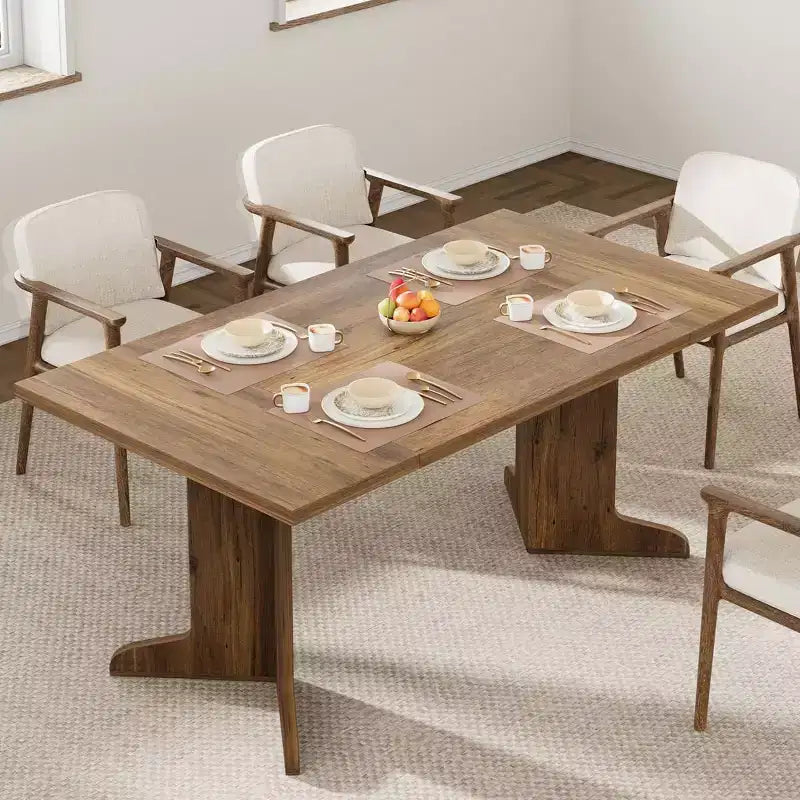 71 In Wood Dining Table for 6-8, Modern Farmhouse Rectangular Kitchen Table with Unique Wooden Legs, Thick Tabletop, Sturdy Frame, for Dining Room