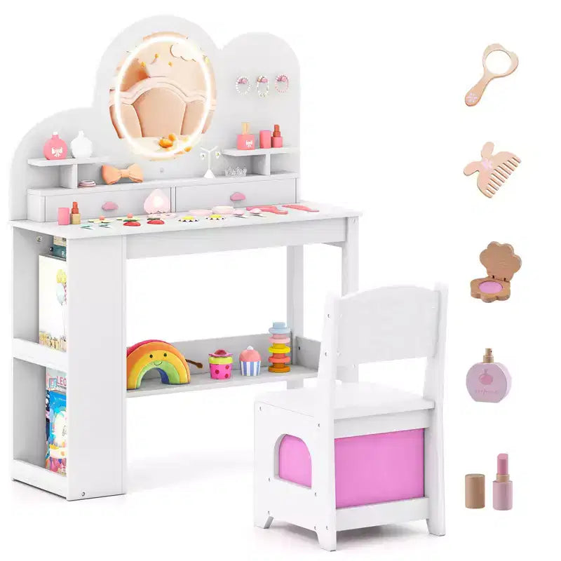 Coiffeuse pour enfants avec lumières, 2 tiroirs et étagère à 2 niveaux, 3 crochets et 2 étagères ouvertes