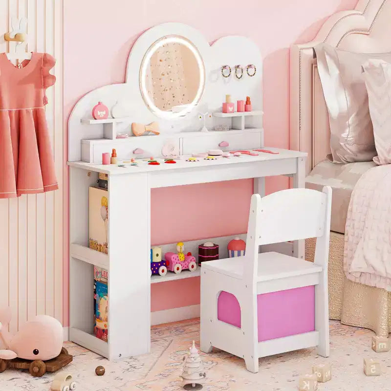 Coiffeuse pour enfants avec lumières, 2 tiroirs et étagère à 2 niveaux, 3 crochets et 2 étagères ouvertes