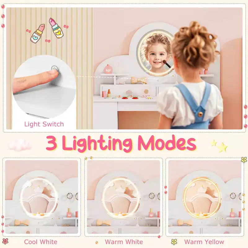Coiffeuse pour enfants avec lumières, 2 tiroirs et étagère à 2 niveaux, 3 crochets et 2 étagères ouvertes