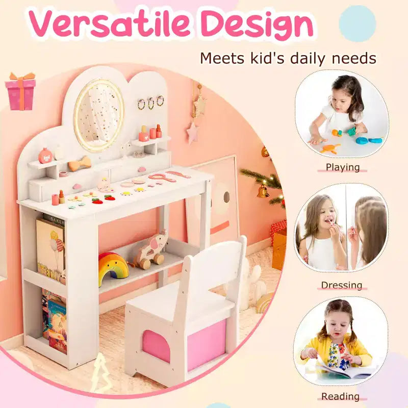 Coiffeuse pour enfants avec lumières, 2 tiroirs et étagère à 2 niveaux, 3 crochets et 2 étagères ouvertes