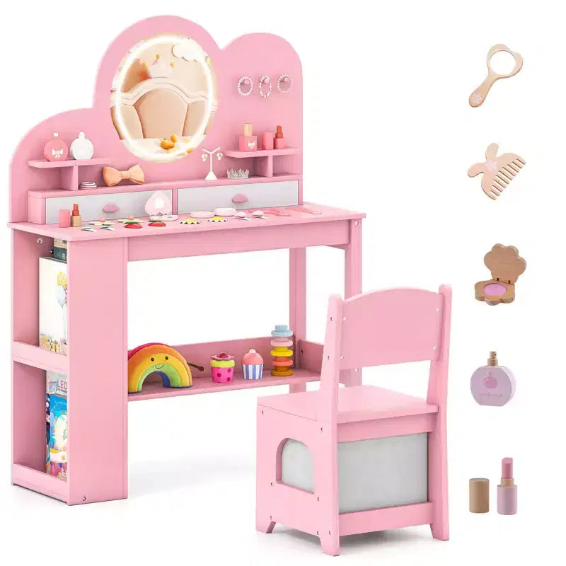 Kids Vanity with Lights, 2 Drawers & 2-Tier Bookshelf, 3 Hooks & 2 Open Shelves