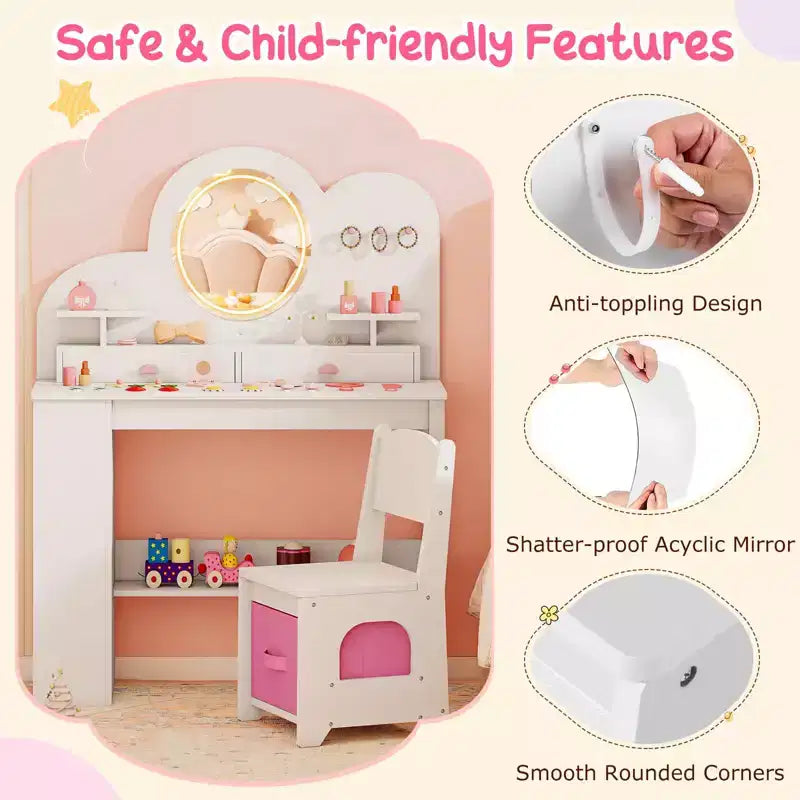 Coiffeuse pour enfants avec lumières, 2 tiroirs et étagère à 2 niveaux, 3 crochets et 2 étagères ouvertes