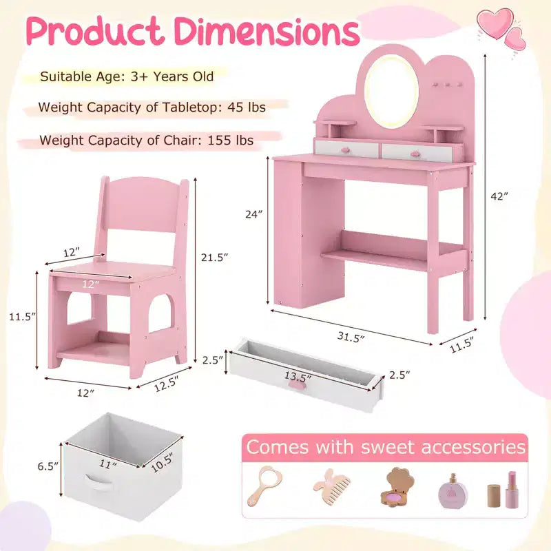 Kids Vanity with Lights, 2 Drawers & 2-Tier Bookshelf, 3 Hooks & 2 Open Shelves