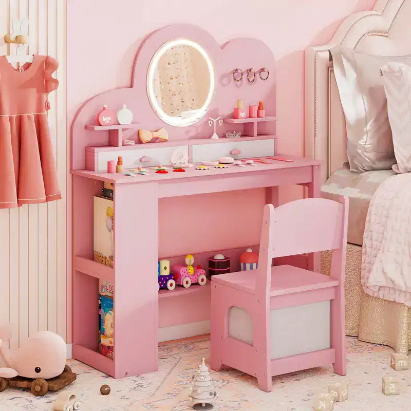 Kids Vanity with Lights, 2 Drawers & 2-Tier Bookshelf, 3 Hooks & 2 Open Shelves