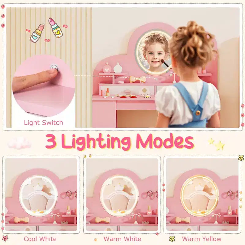 Coiffeuse pour enfants avec lumières, 2 tiroirs et étagère à 2 niveaux, 3 crochets et 2 étagères ouvertes