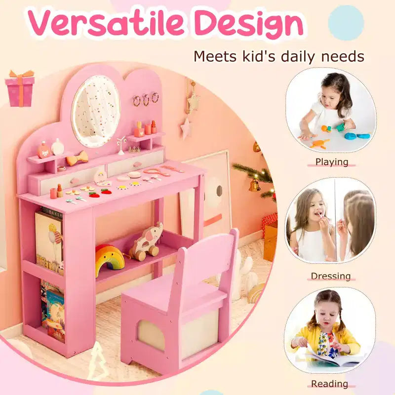 Coiffeuse pour enfants avec lumières, 2 tiroirs et étagère à 2 niveaux, 3 crochets et 2 étagères ouvertes