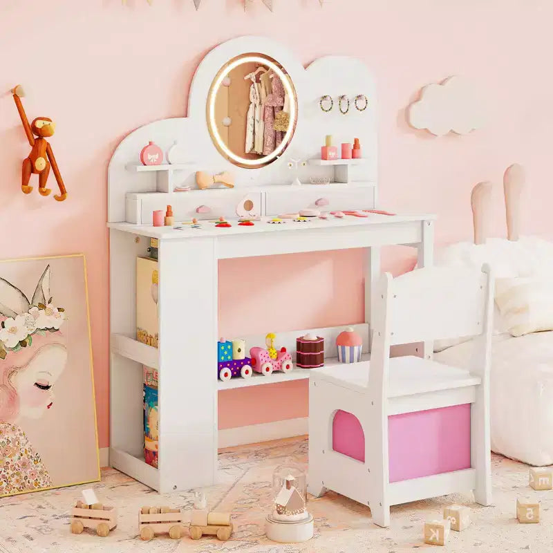Kids Vanity with Lights, 2 Drawers & 2-Tier Bookshelf, 3 Hooks & 2 Open Shelves