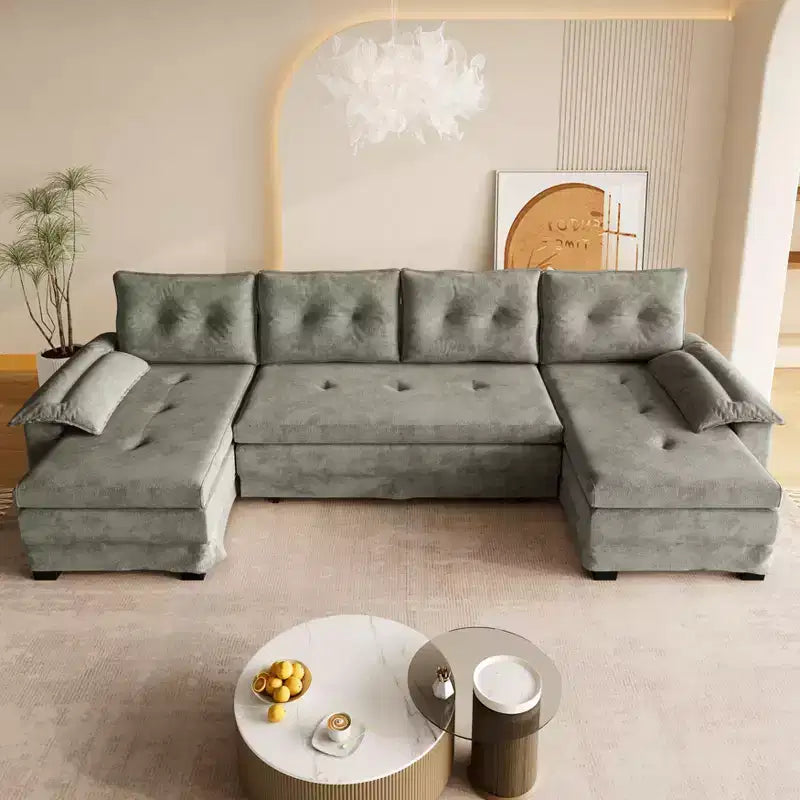 Canapé convertible en forme de U 110 moderne en fer et bois, revêtu de chenille, avec lit gigogne et ports USB