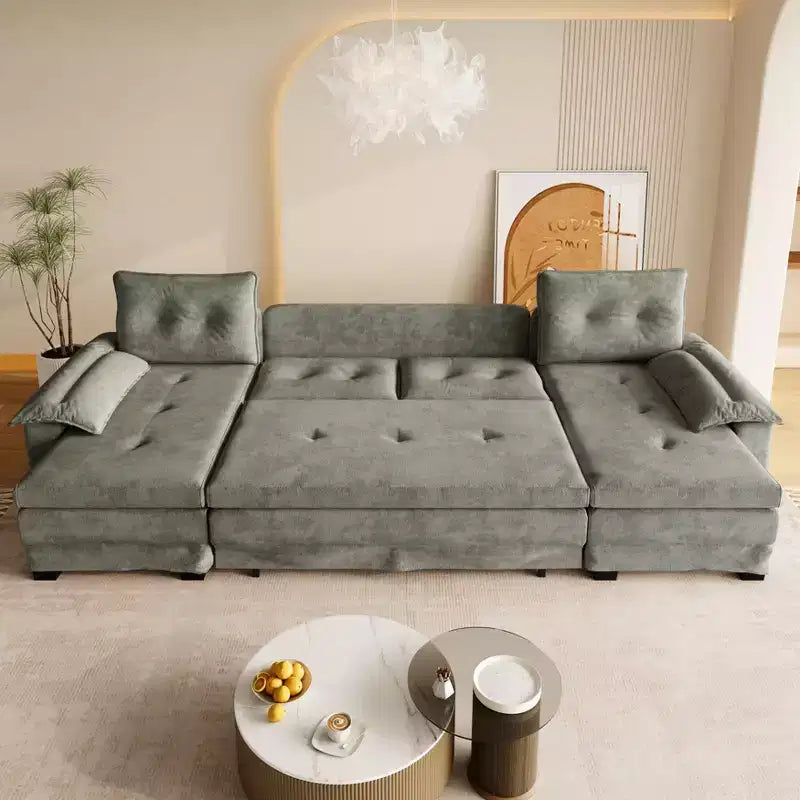 Canapé convertible en forme de U 110 moderne en fer et bois, revêtu de chenille, avec lit gigogne et ports USB