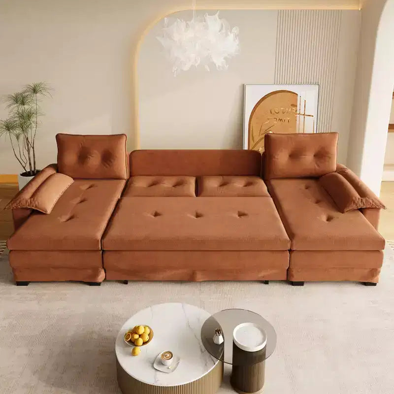 Canapé convertible en forme de U 110 moderne en fer et bois, revêtu de chenille, avec lit gigogne et ports USB