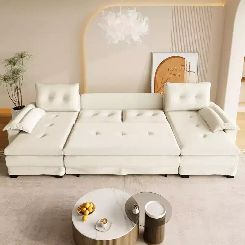 Canapé convertible en forme de U 110 moderne en fer et bois, revêtu de chenille, avec lit gigogne et ports USB