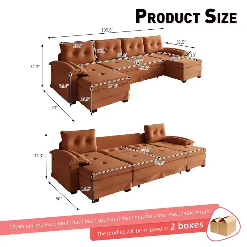 Canapé convertible en forme de U 110 moderne en fer et bois, revêtu de chenille, avec lit gigogne et ports USB