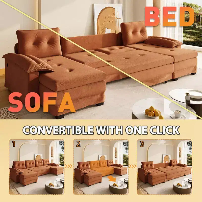 Canapé convertible en forme de U 110 moderne en fer et bois, revêtu de chenille, avec lit gigogne et ports USB